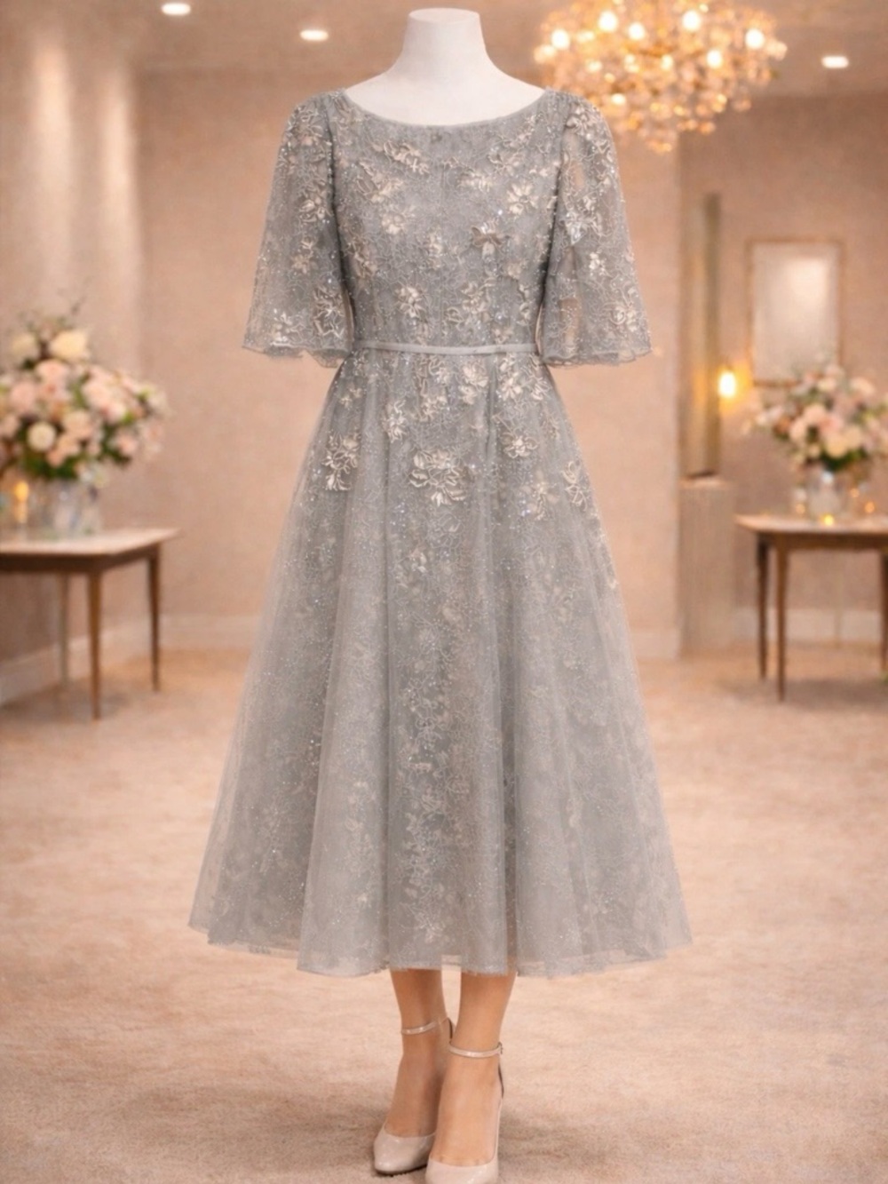 Mac Duggal 20418 Silver
Embroidered Midi Dress Mother of Bride Formal 16 NWT